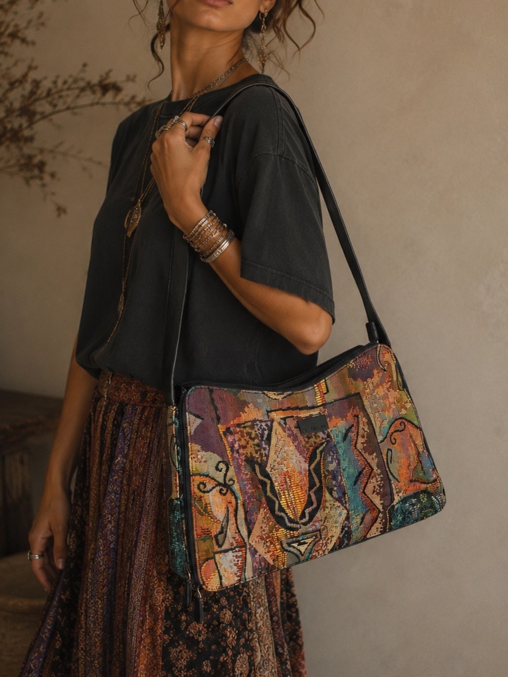 Vintage EGO Y2K Tapestry Shoulder Bag Abstract Boho Whimsigoth Purse ARTSY EUC